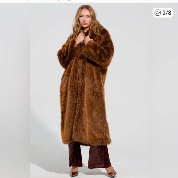 AKIRA DAYANNE LONG SATIN LINING FAUX FUR TRENCH COAT Brown